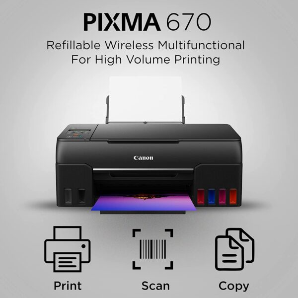 Canon PIXMA G670 All-in-One 6-Colour Inktank Wi-Fi Photo Printer, Black, Standard Print, Scan, Copy
ISO standard print speed (A4): up to 3.9 images per minute black / colour
Wireless, Wireless PictBridge, Mopria, AirPrint, Direct Wireless
Recommended monthly print volume (10.2 x 15.2cm (4R) photos)): 50 to 250 prints - Image 2
