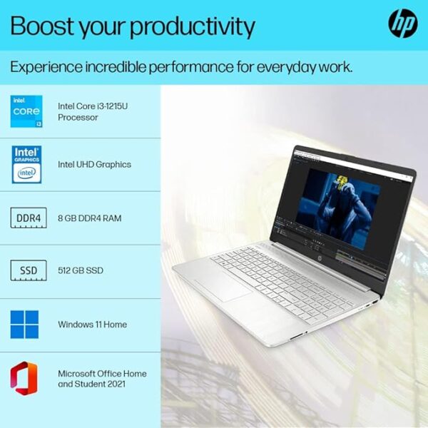 HP 15s-fq5326TU/Intel 12th Gen i3-1215U/8GB  /512GB SSD/(Intel UHD Graphics)(Windows 11 Microsoft office Home & Student Edition 2021)(Island KBD with N Pad)(15.6 FHD  Narrow Border /NSV) - Image 3